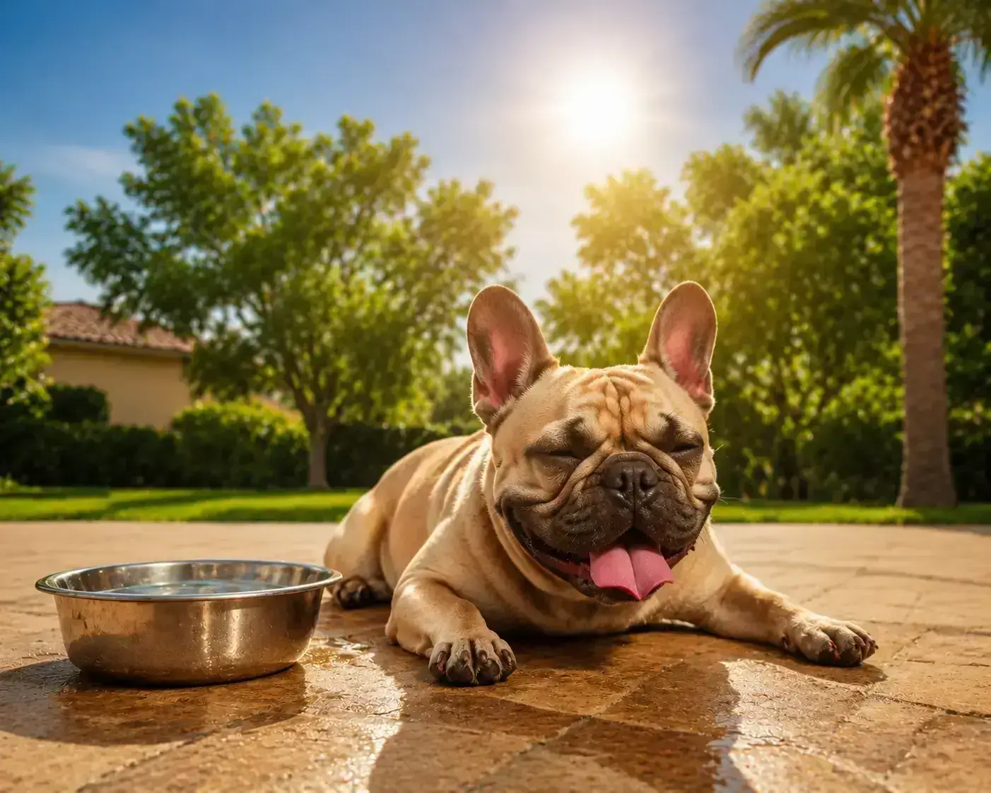 French Bulldog resting on hot summer patio outdoors in warm sunlight showing heat sensitivity and heat safety scene