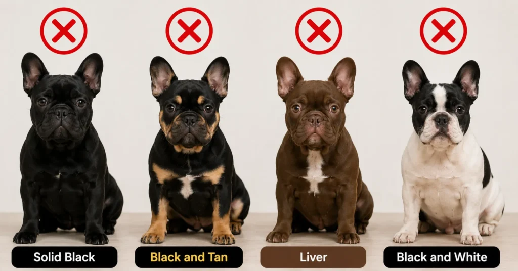 Comparison of disqualified French Bulldog colors under the AKC breed standard, including Solid Black, Black and Tan, Liver, and Black and White coat variations