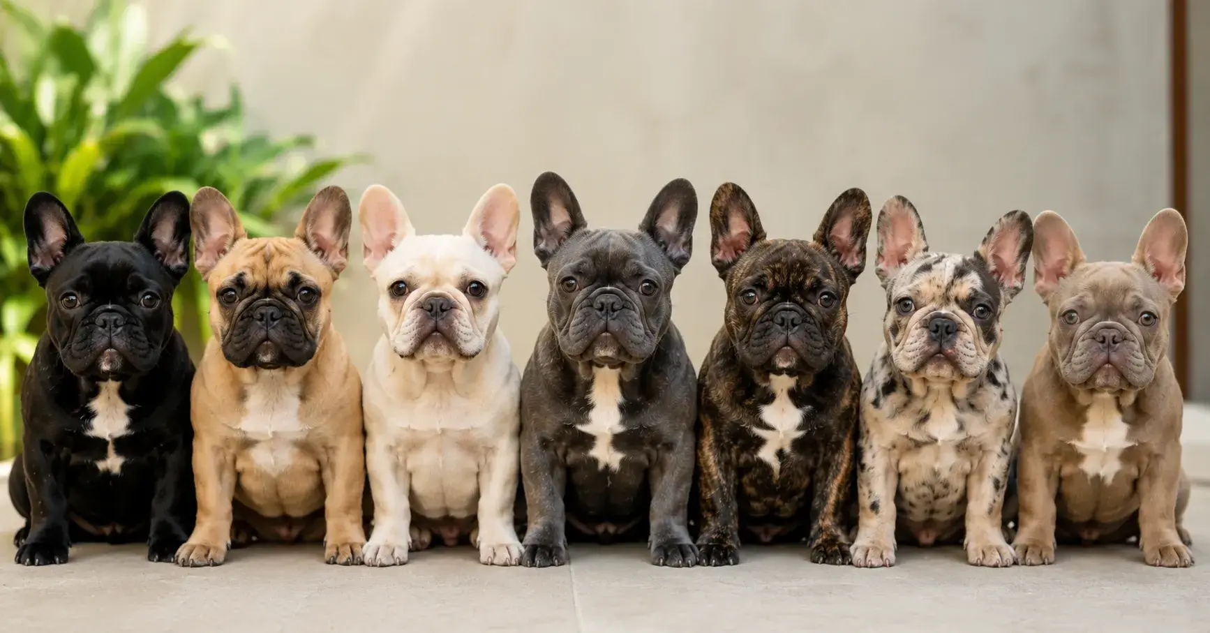 French Bulldog colors lineup featuring black, fawn, cream, blue, brindle, merle, and lilac French Bulldogs sitting together in a realistic outdoor setting