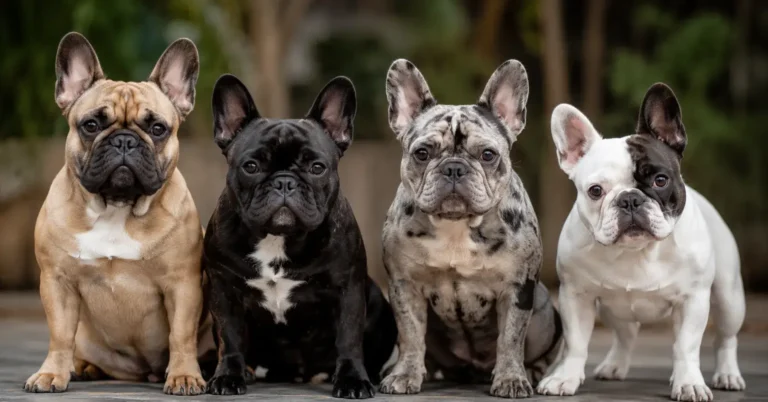 Four real French Bulldog types with fawn, black, merle, and pied coat colors sitting outdoors, showing the different coat variations of the French Bulldog breed