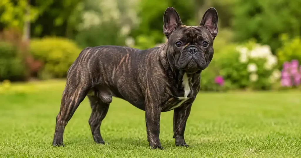 Brindle French Bulldog standing on green grass outdoors, featuring a dark brindle coat with subtle tiger-like striping.