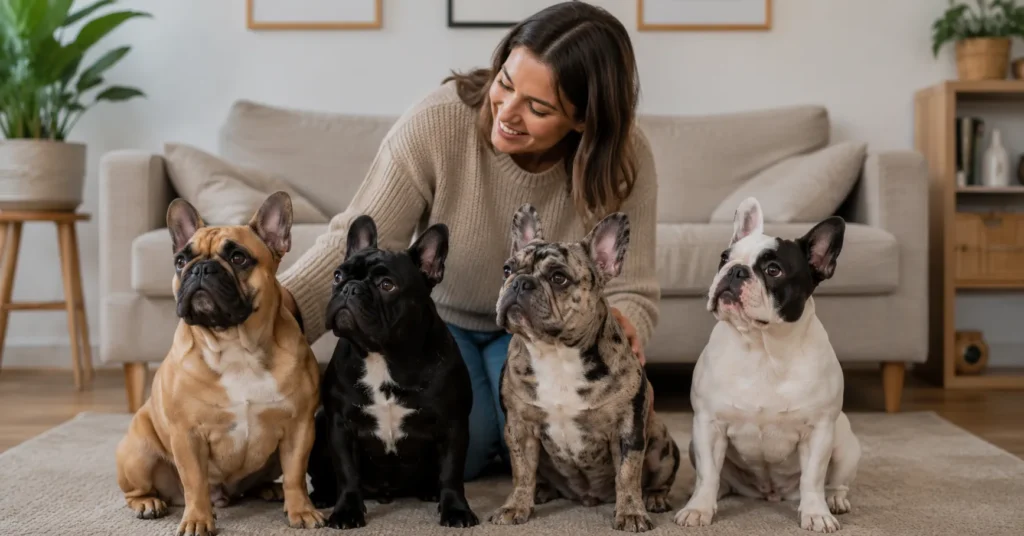 Person comparing different French Bulldog types in a cozy home while interacting with fawn, black, merle, and pied French Bulldogs to choose the best breed for their lifestyle