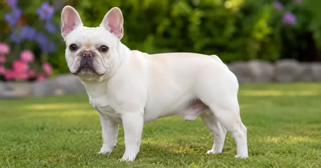 Cream and white French Bulldog standing on green grass in a garden, showing the light cream coat color and compact muscular body.