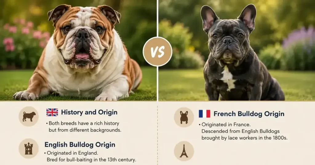 Side-by-side comparison of a French Bulldog and an English Bulldog illustrating their different origins, body size, facial features, and breed history in a realistic outdoor setting.