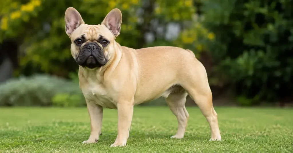 Fawn French Bulldog standing in a garden, showing the classic fawn coat color with a black mask and upright bat ears.