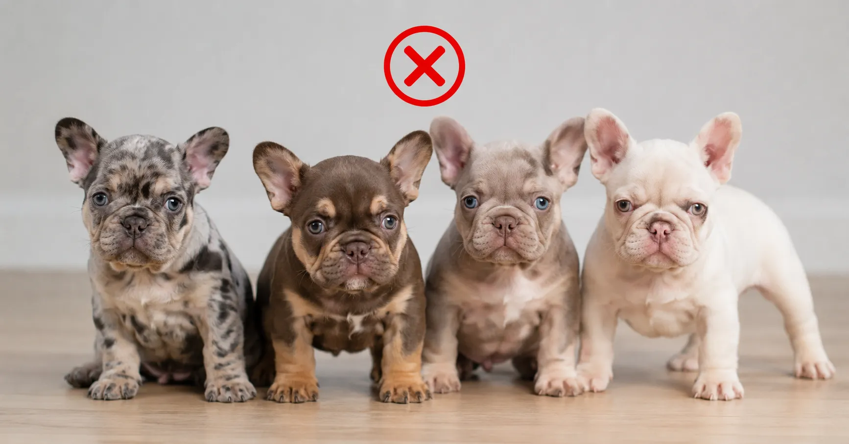 French Bulldog puppies showing non-standard coat colors often avoided in responsible breeding, including merle and very light cream, sitting indoors on a neutral background