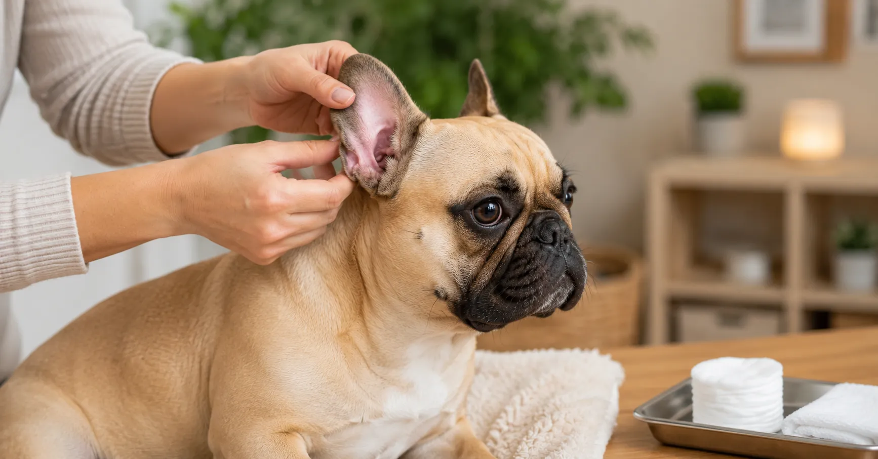 French Bulldog receiving a gentle ear examination at home while a pet owner carefully checks for signs of an ear infection using clean cotton pads