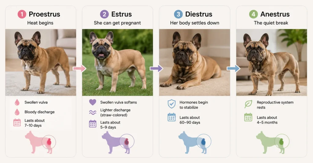 French Bulldog Heat Cycle Stages infographic showing Proestrus, Estrus, Diestrus, and Anestrus with signs and timelines.
