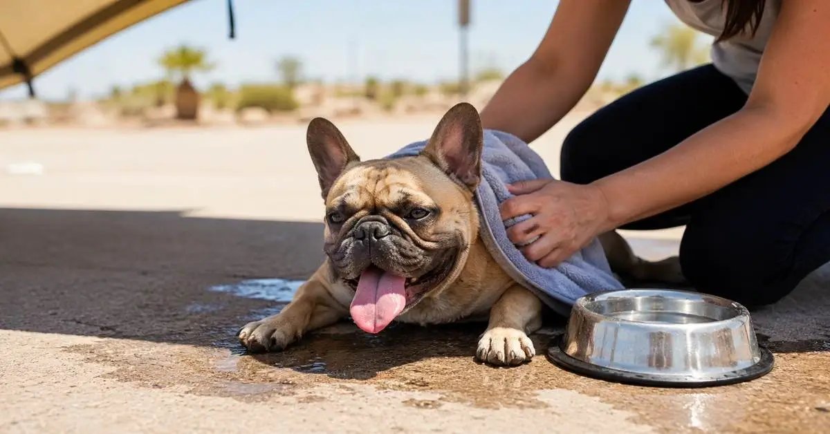 A panting French Bulldog resting in the shade while a person cools it with a damp towel beside a water bowl on a hot sunny day.