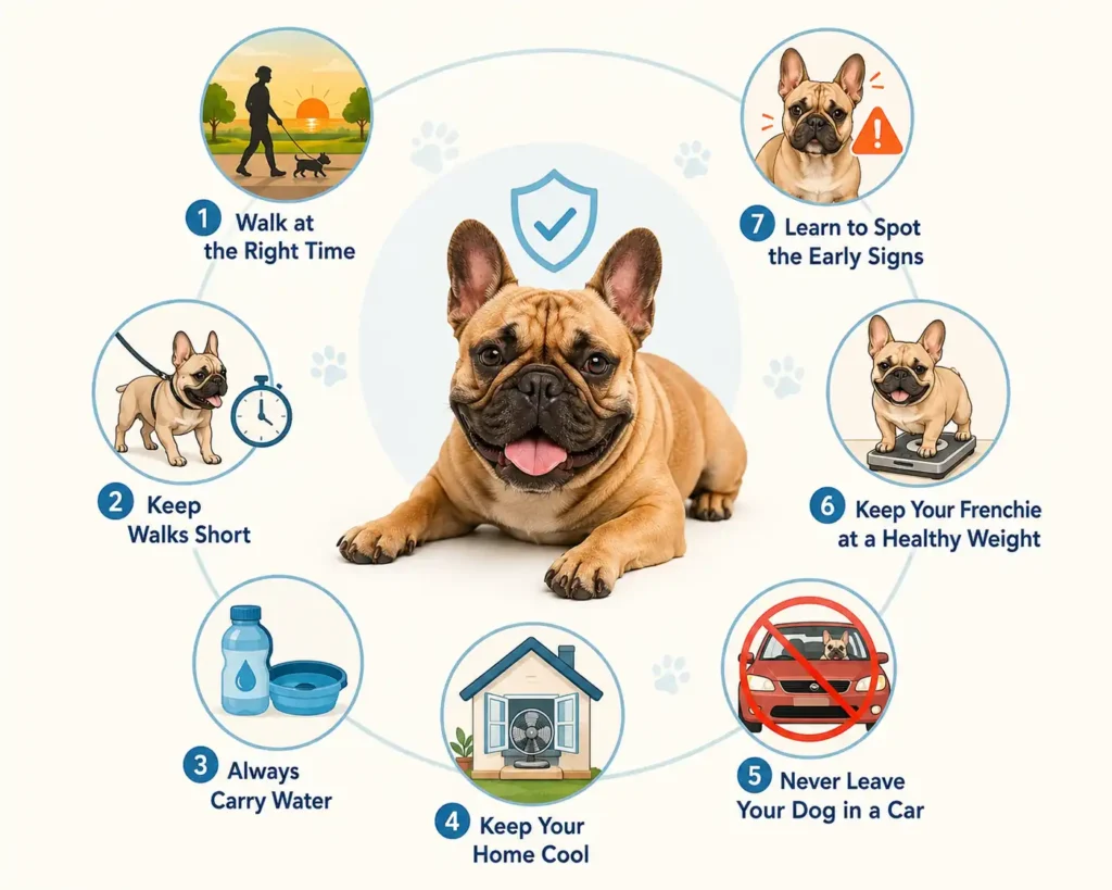 French Bulldog heat stroke prevention infographic showing safe walking times, carrying water, keeping the home cool, avoiding hot cars, maintaining a healthy weight, and recognizing early warning signs