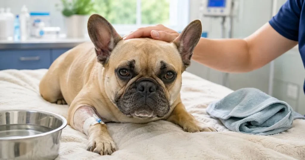A tired but stable French Bulldog resting on a soft blanket after heat stroke emergency care, with a water bowl, cooling towel, and caregiver hand nearby.