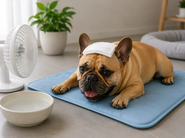 French Bulldog recovering from heat stroke while resting on a cooling mat with a fan, fresh water, and a cool compress indoors
