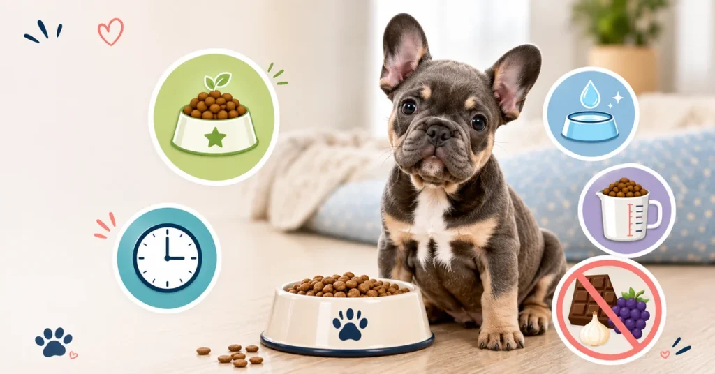 French Bulldog puppy sitting beside a bowl of kibble with feeding tip icons for food, water, portion control, meal timing, and unsafe foods