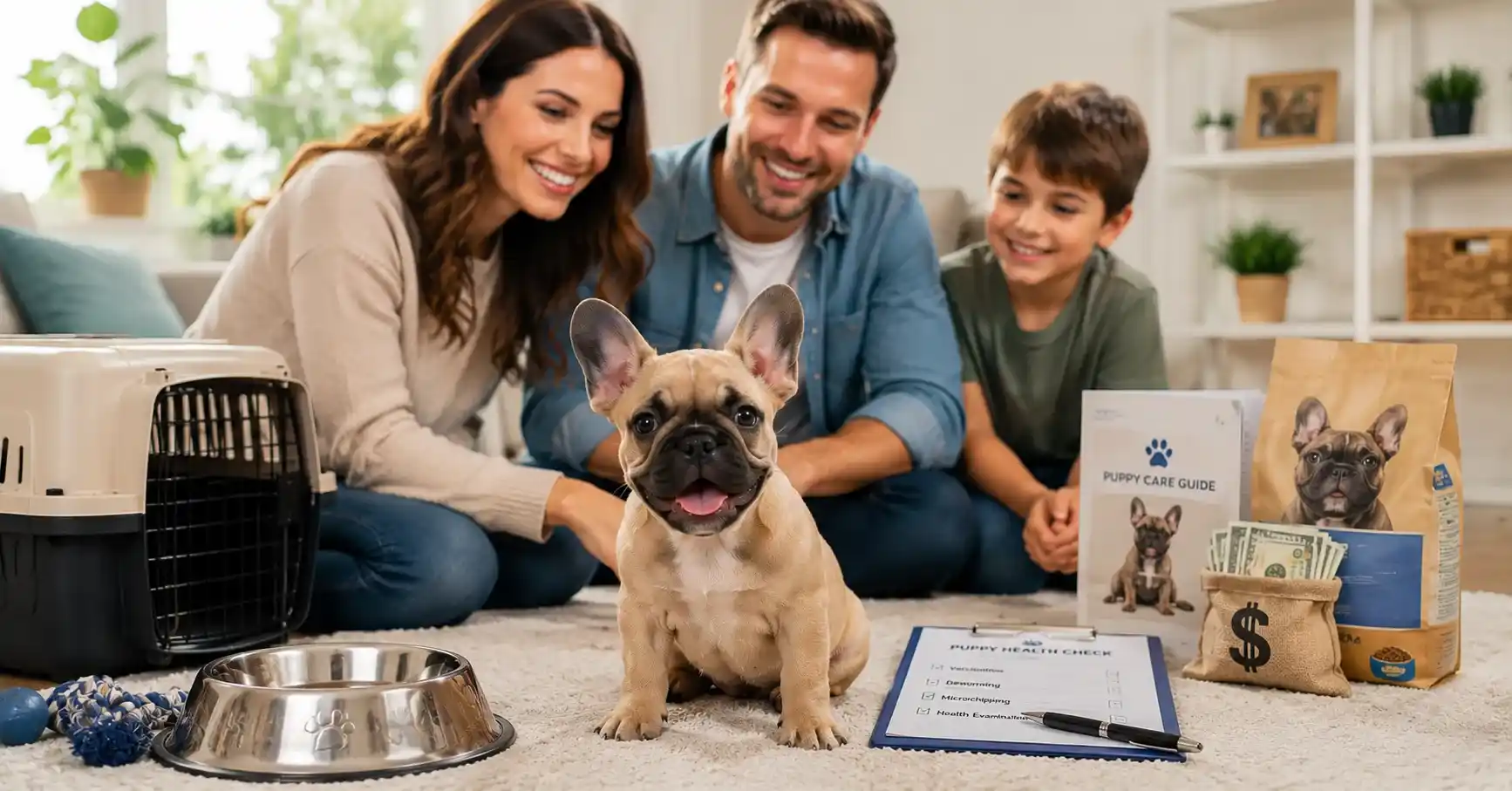 French Bulldog Puppy Price guide featuring a healthy French Bulldog puppy with a family, pet carrier, puppy food, health records, and essential care supplies
