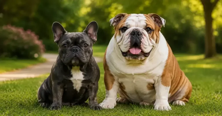French Bulldog and English Bulldog sitting side by side in a sunny park, highlighting the differences in size, ears, facial features, and overall body build between the two breeds.