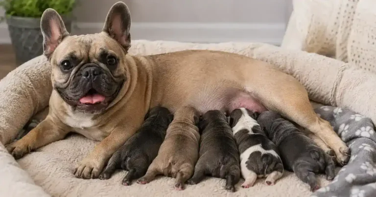 French Bulldog mother nursing her newborn puppies in a cozy indoor bed after giving birth.