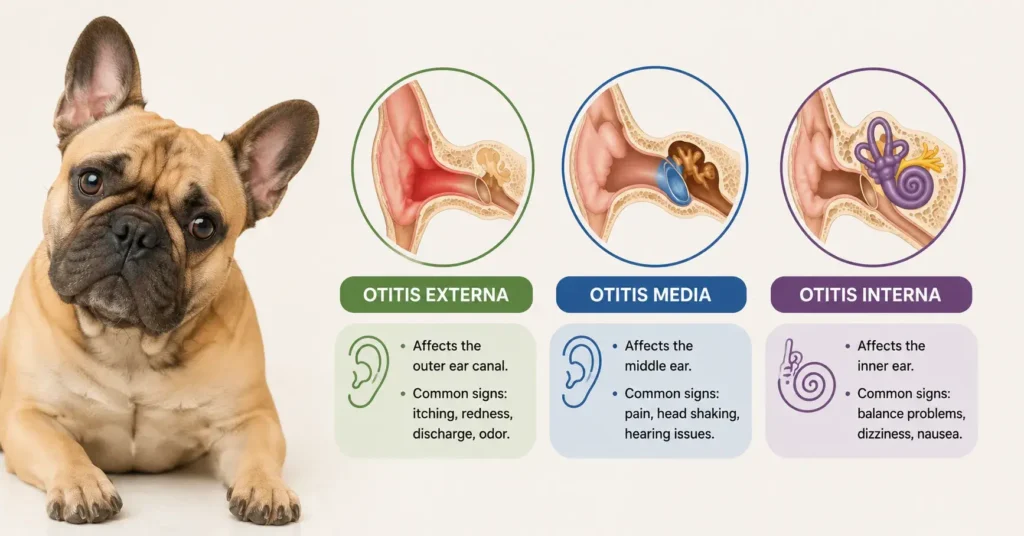 French Bulldog ear infection diagram comparing otitis externa, otitis media, and otitis interna with labeled ear anatomy.