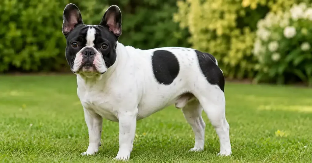 Black and white pied French Bulldog standing on a grassy lawn, displaying the distinctive piebald coat pattern with black patches.