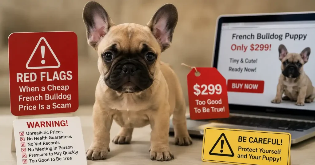 Red Flags When a Cheap French Bulldog Price Is a Scam showing a healthy French Bulldog puppy with warning signs about suspicious low prices and puppy scams