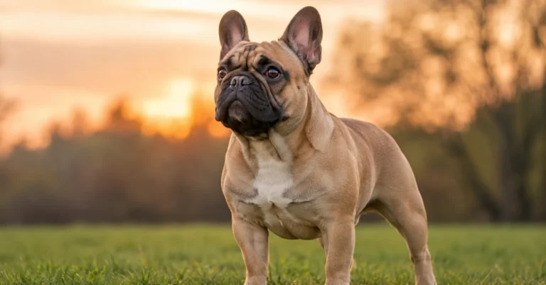 Healthy adult brown French Bulldog standing outdoors on green grass during golden hour, showcasing a strong and mature appearance