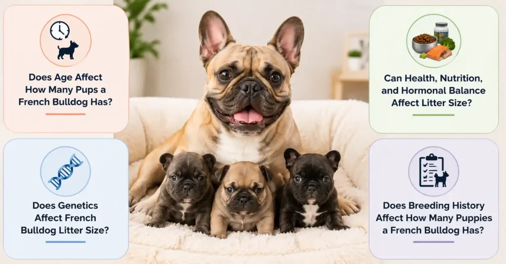 French Bulldog mother with three puppies illustrating factors that influence litter size and breeding outcomes.