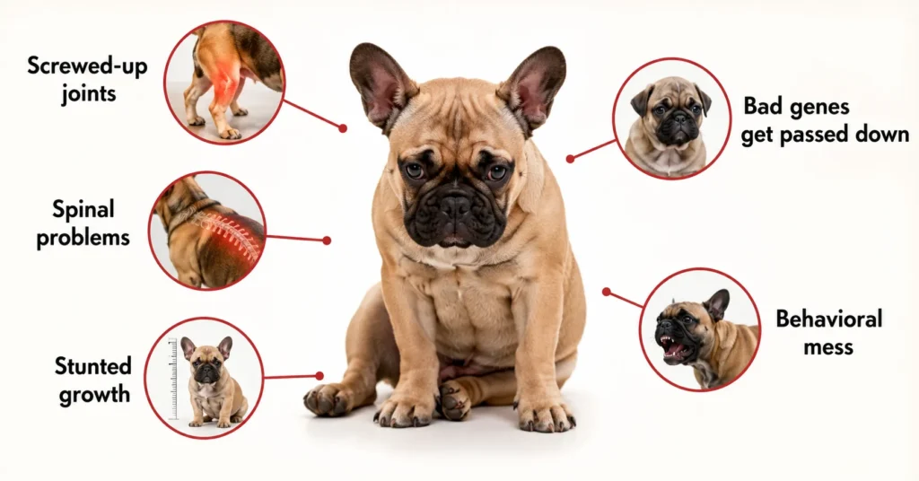 Young French Bulldog with visual highlights showing risks of breeding too early, including joint issues, spinal problems, stunted growth, genetics, and behavior