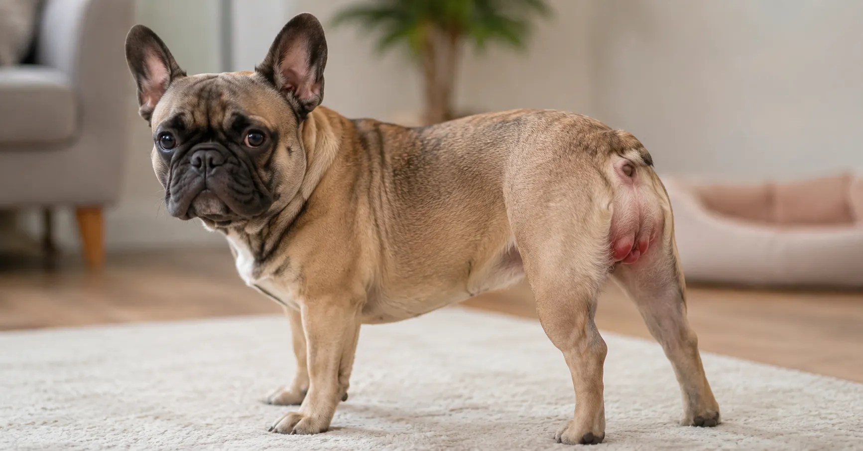 French Bulldog showing swollen vulva and physical signs of heat cycle while standing indoors during her first heat.