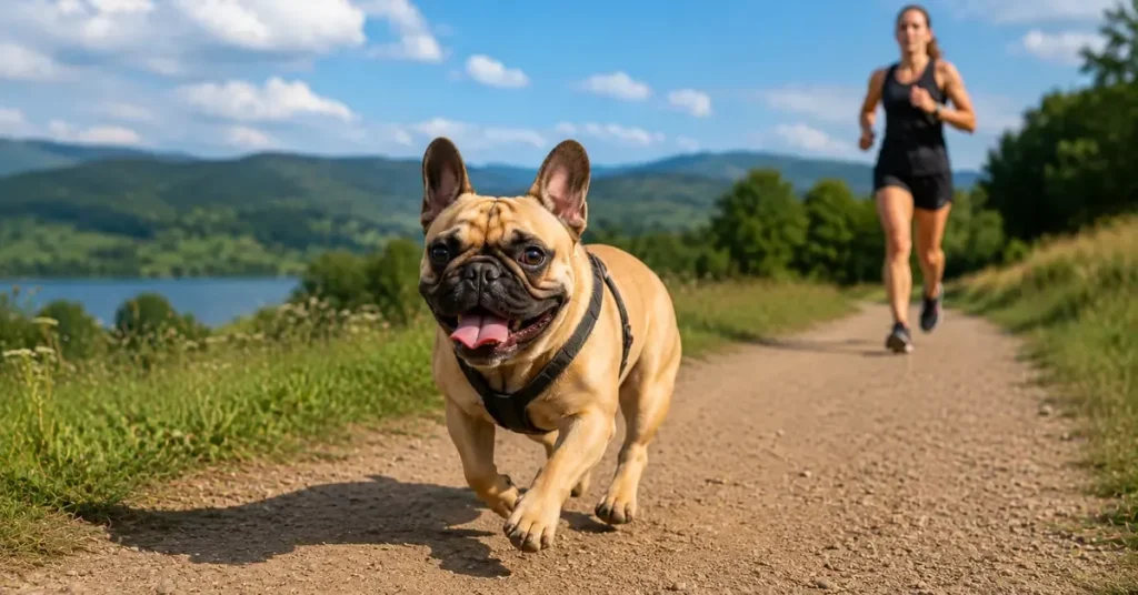 French Bulldog running on a trail with a runner