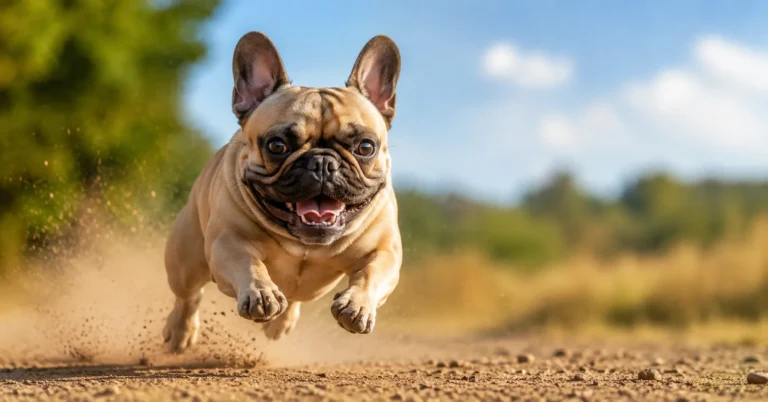 French Bulldog running at full speed outdoors
