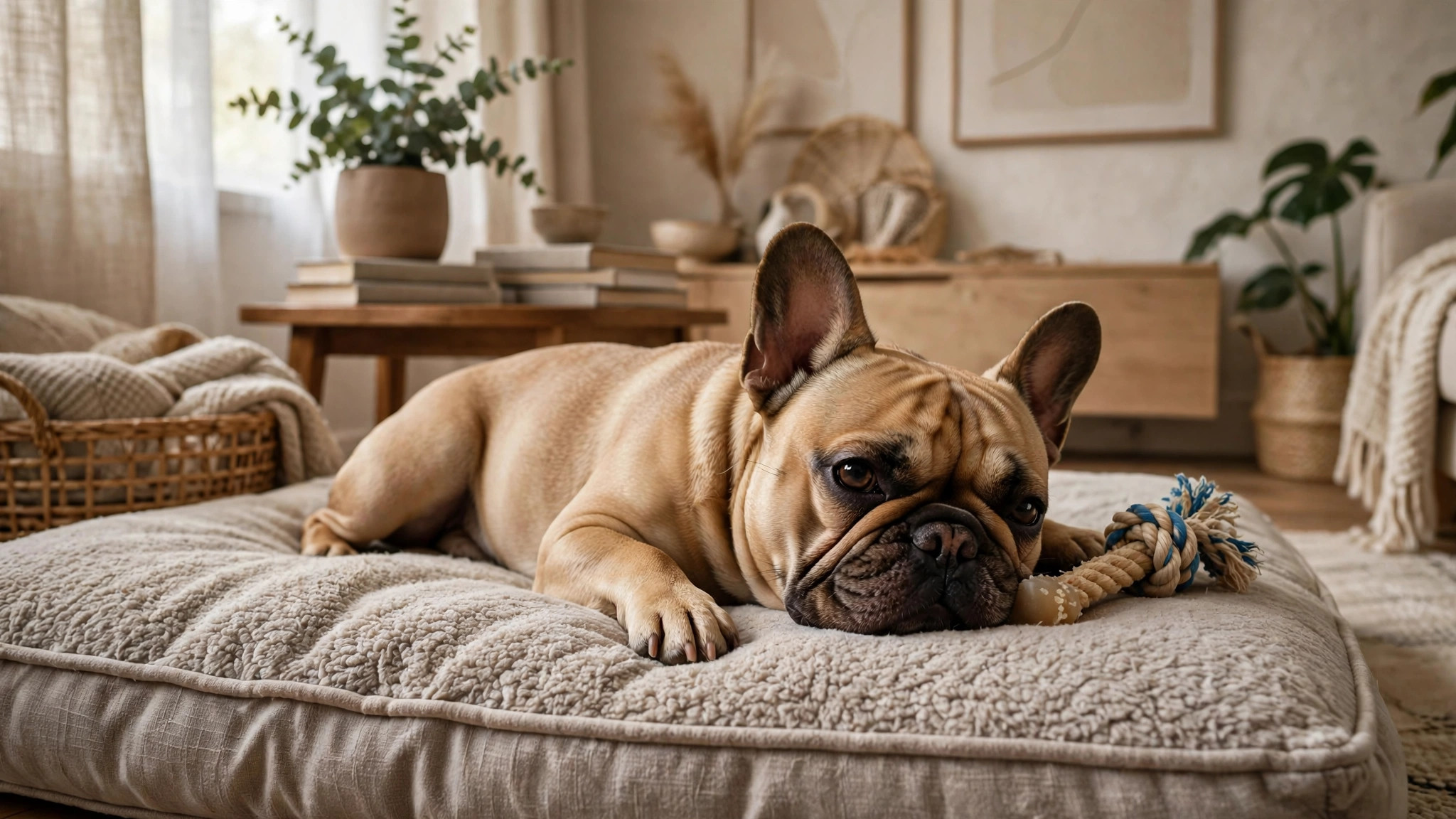 French Bulldog lying calmly on a dog bed