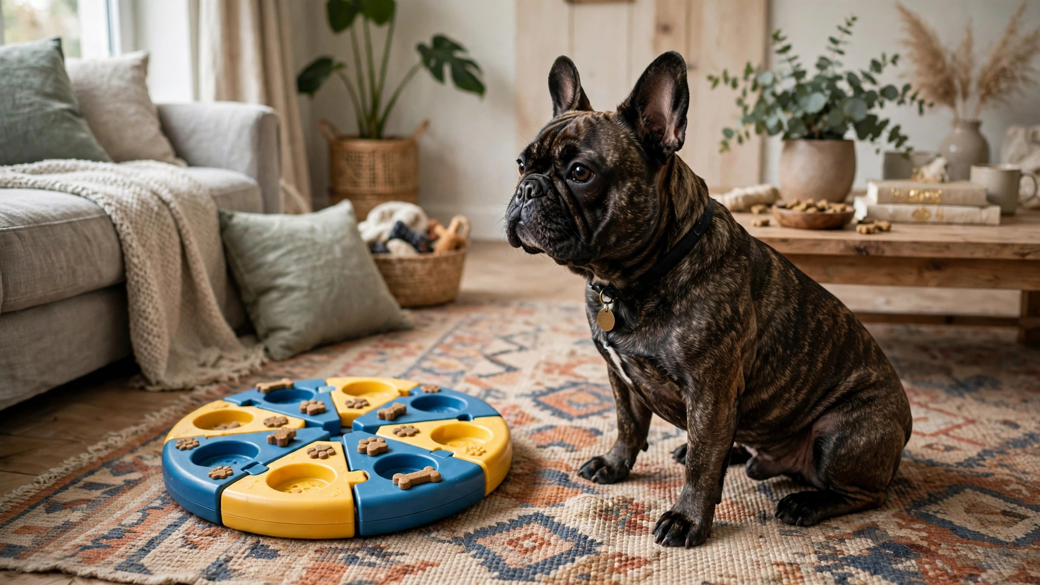 French Bulldog with a treat puzzle toy