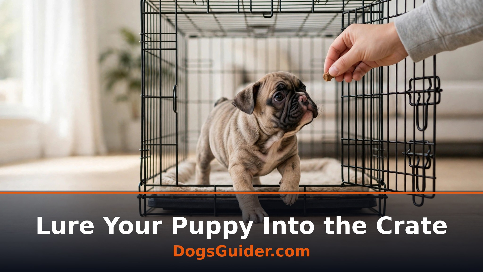 French Bulldog puppy walking into a crate for a treat