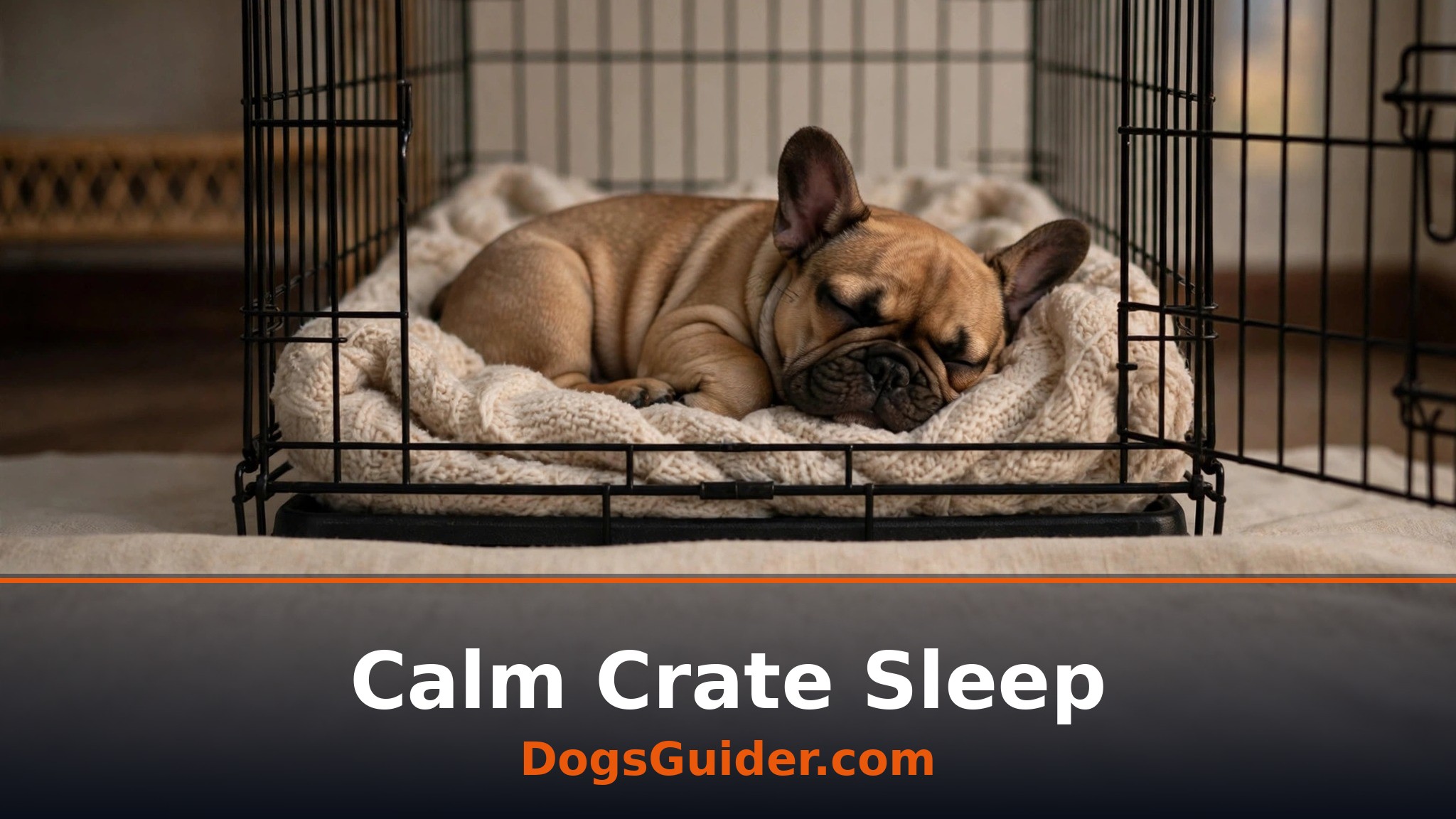 French Bulldog puppy sleeping calmly inside a crate