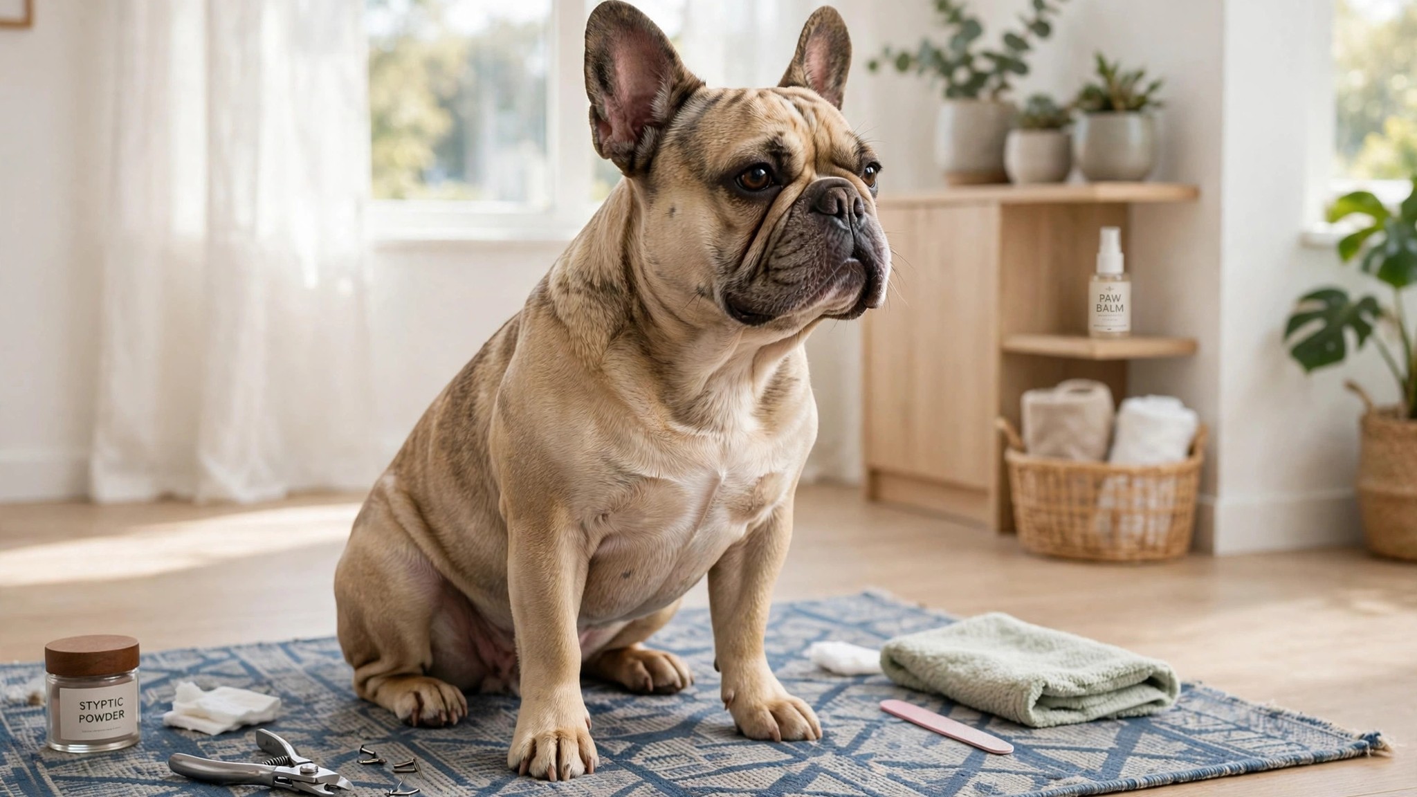 French Bulldog sitting calmly on a grooming mat