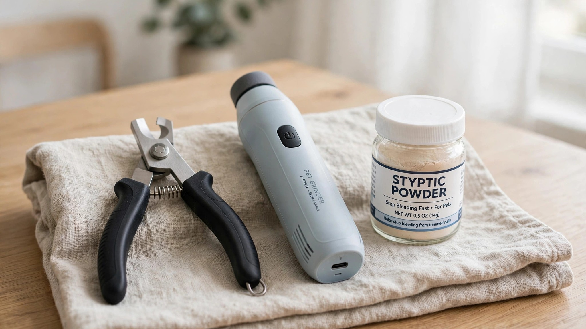 Dog nail clippers, nail grinder and styptic powder on a towel