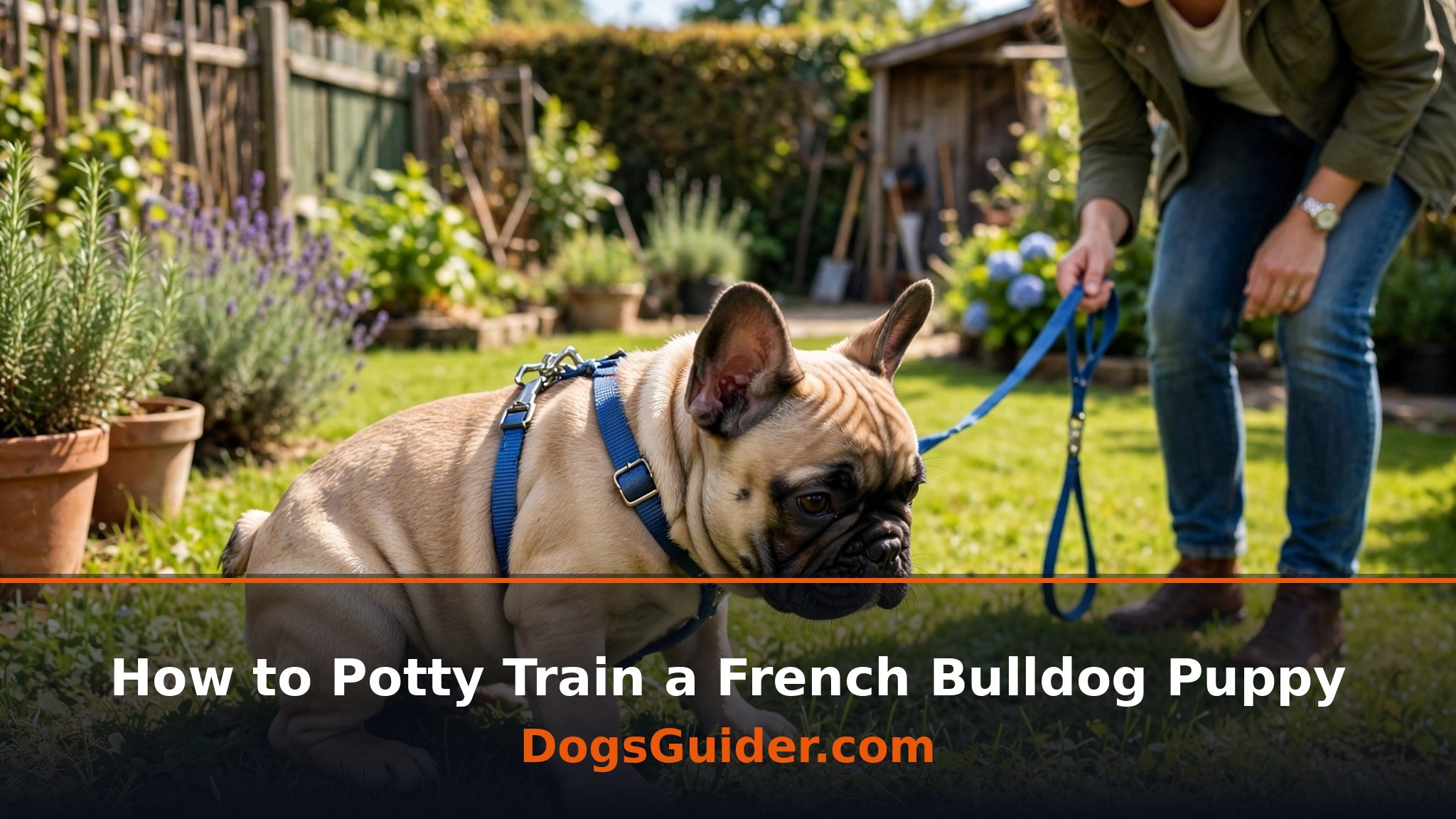 french bulldog puppy on a leash in a garden with its owner