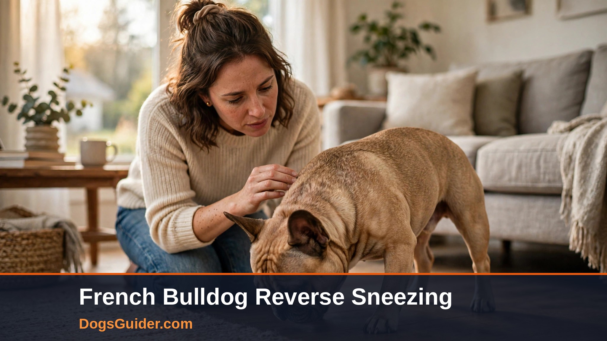 French Bulldog in a reverse sneezing posture with its owner