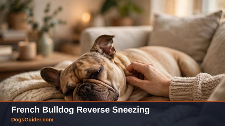 Owner soothing a French Bulldog by stroking its neck
