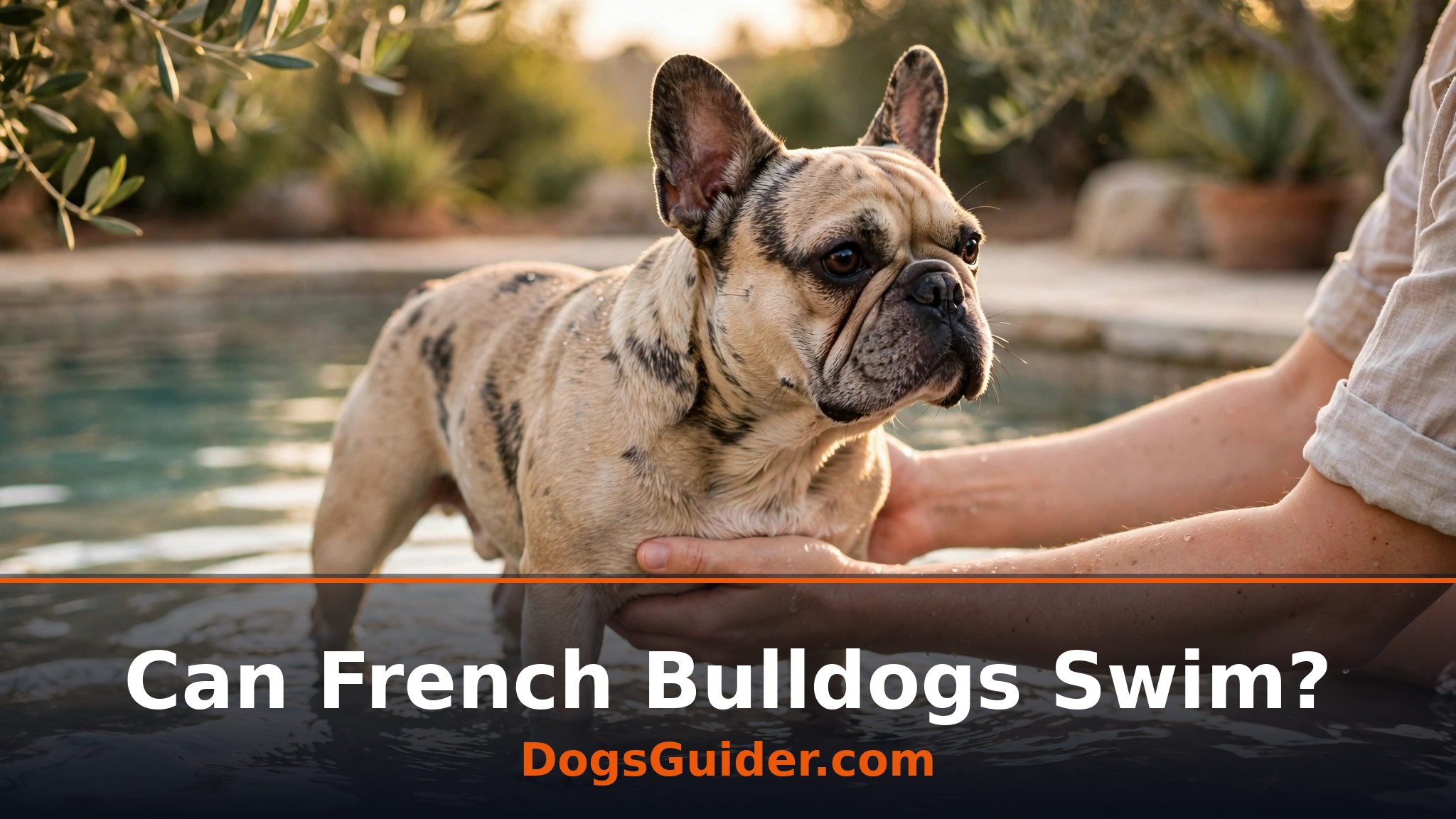 french bulldog in shallow water supported by a person