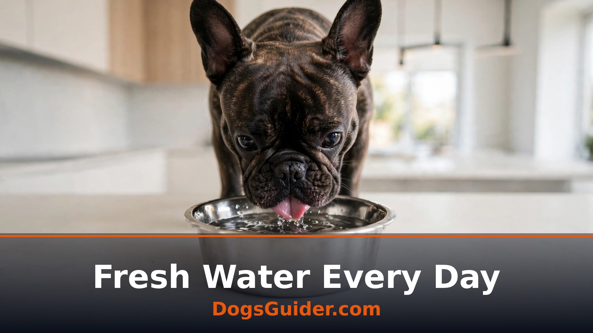 French Bulldog drinking fresh water from a steel bowl