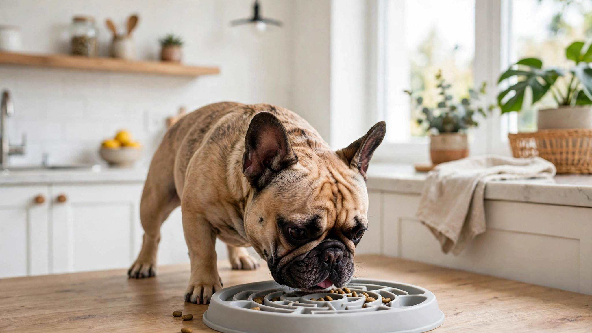 French Bulldog eating from a slow feeder bowl