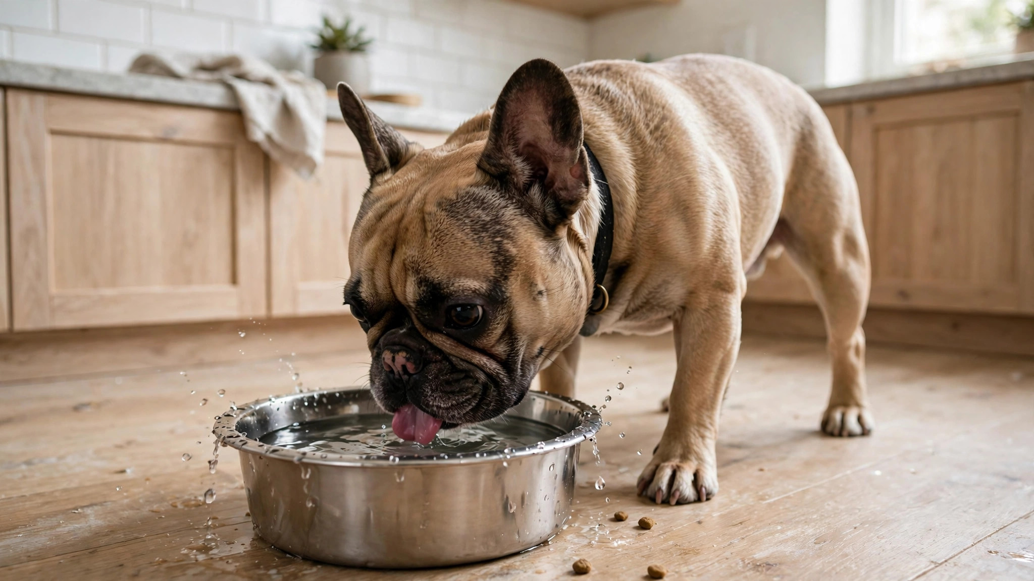 French Bulldog drinking water from a bowl